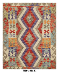 Killim Multicolor Geometric Accent Rug – Tribal Diamond Pattern – 2'10" x 3'7" – SKU#1001