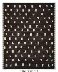 Moroccan Minimalist Area Rug 9'5" x 11'11" | Dark Brown Ivory Abstract Grid Pattern