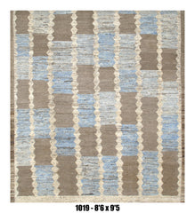 Moroccan Geometric Area Rug 8'6" x 9'5" | Ivory Blue Taupe Column Pattern