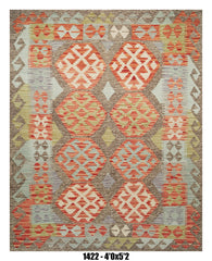 Killim Pastel Multicolor Area Rug – Geometric Tribal Medallion Design 4'0" x 5'2"