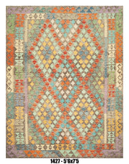 Killim Pastel Multicolor Area Rug – Geometric Diamond Stripe Design – 5'6" x 7'5"