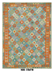 Killim Pastel Multicolor Area Rug – Geometric Patchwork Diamond Design – 5'6" x 7'10"