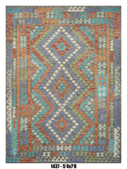 Killim Multicolor Area Rug – Geometric Tribal Diamond Design – 5'4" x 7'8"