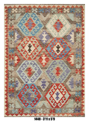 Killim Pastel Multicolor Area Rug – Geometric Tribal Medallion Design – 3'11" x 5'9" –