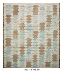 Moroccan Geometric Area Rug 8'7" x 9'10" | Ivory Taupe Blue Column Pattern