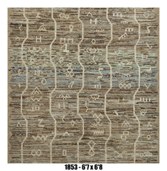 Moroccan Area Rug 6'7" x 6'8" | Taupe Ivory Tribal Grid Accent Rug