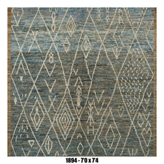 Moroccan Area Rug 7'0" x 7'4" | Blue Ivory Tribal Diamond Living Room Rug