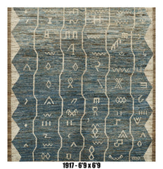 Moroccan Area Rug 6'9" x 6'9" | Blue Ivory Tribal Grid Living Room Rug