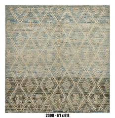 Moroccan Area Rug 6'7" x 6'8" | Blue Ivory Tribal Geometric Living Room Rug
