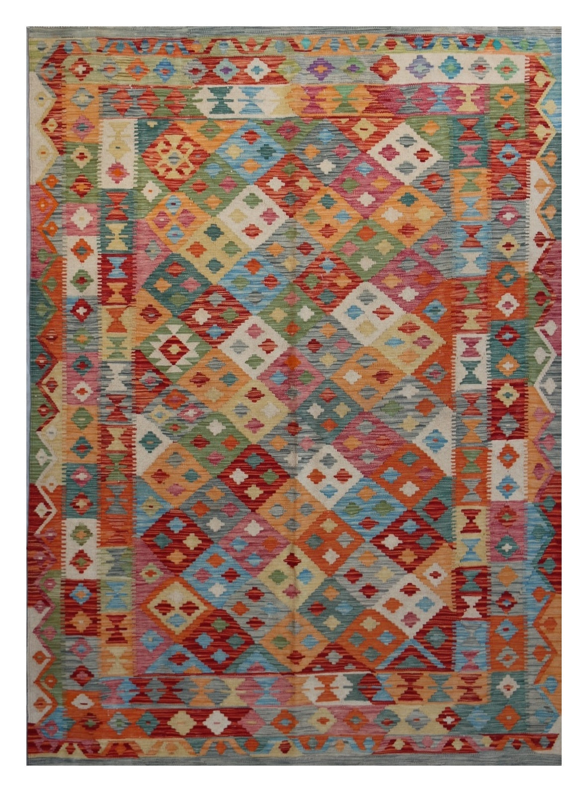 Killim Multicolor Area Rug – Geometric Patchwork Diamond Design