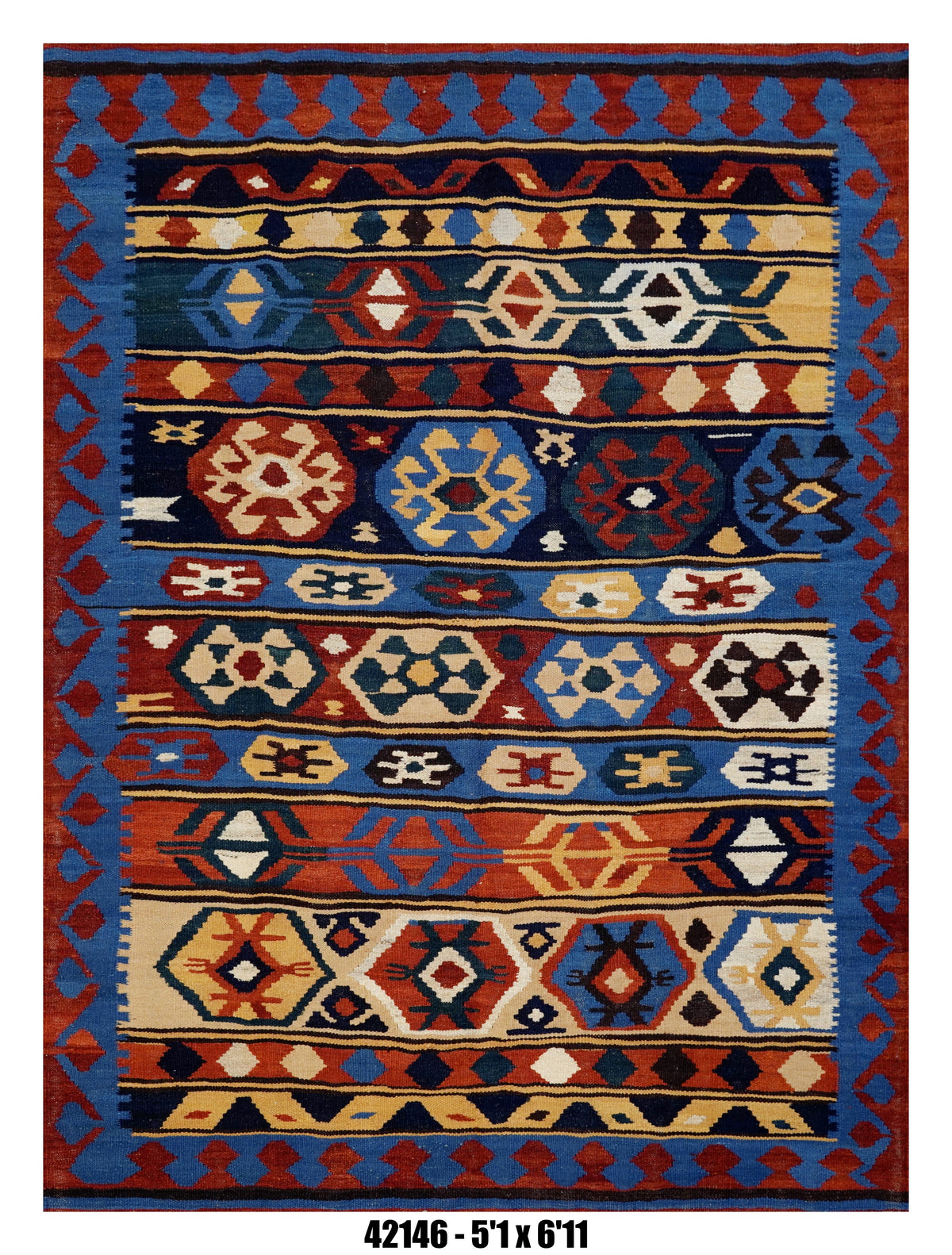 Killim Multicolor Tribal Area Rug – Bold Geometric Stripe Design – 5'1" x 6'11" – SKU#42146