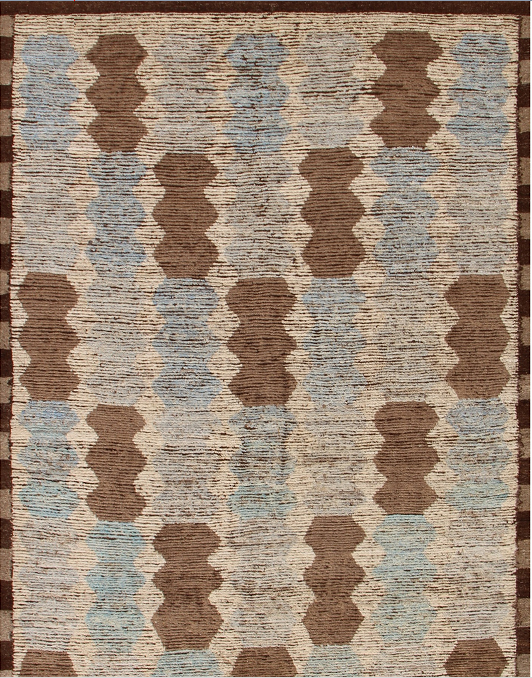 Ivory Moroccan Rug Blue Brown Geometric Column Design