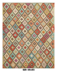 Killim Pastel Multicolor Area Rug – Geometric Patchwork Diamond Design – 5'0" x 6'3" –