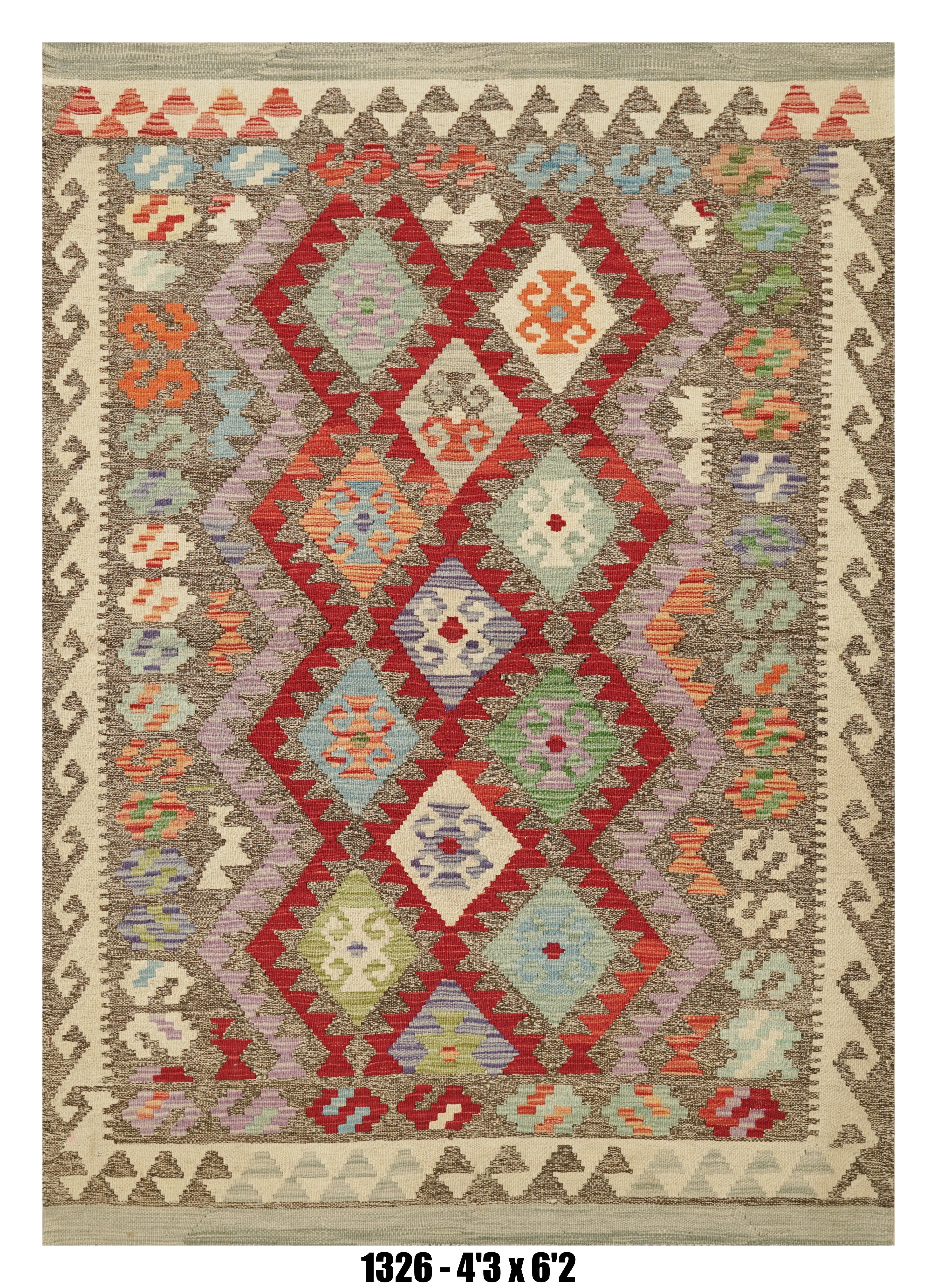 Killim Multicolor Geometric Area Rug – Tribal Diamond Medallion Design | 4'3" x6'2"