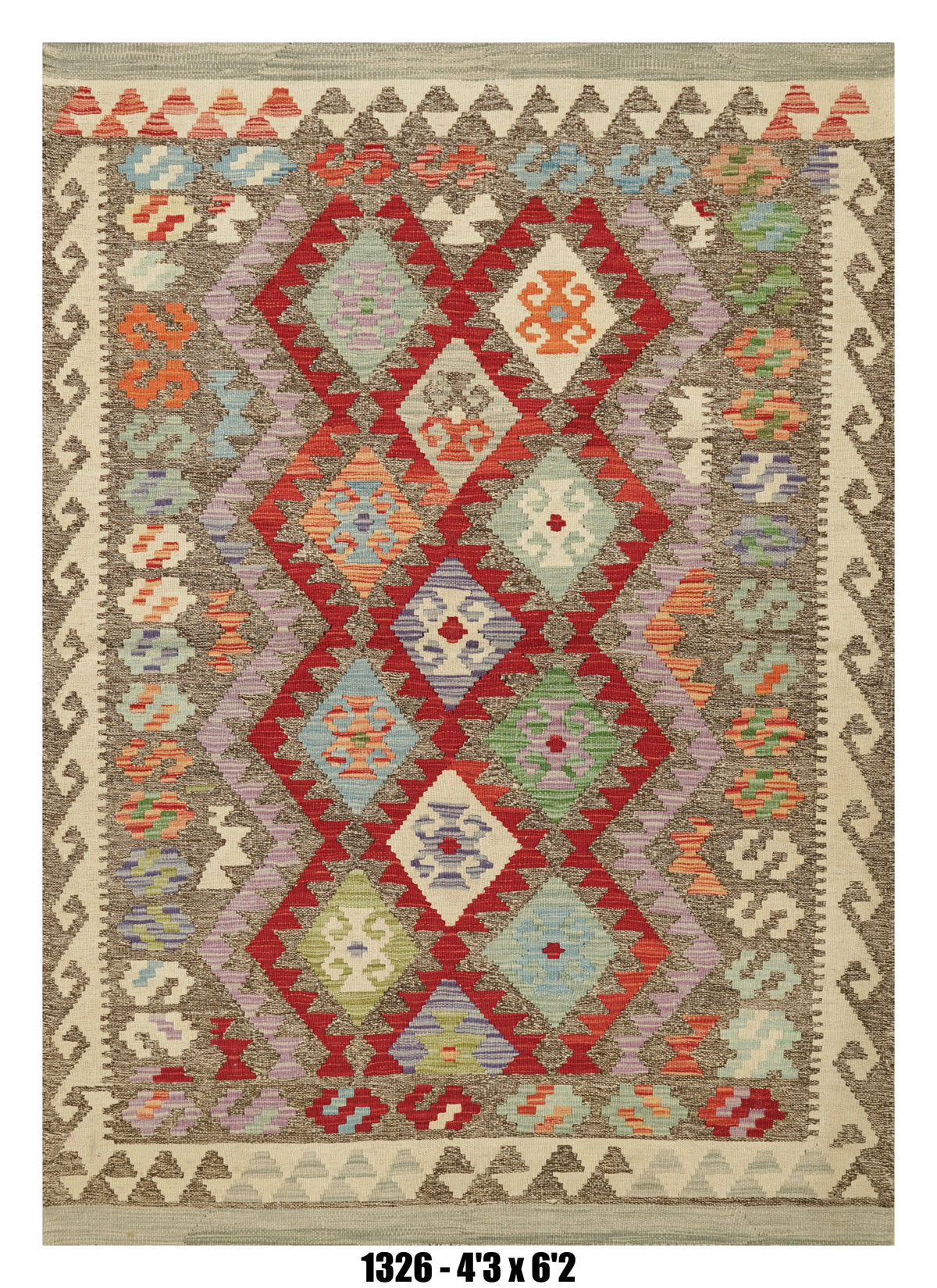 Killim Multicolor Geometric Area Rug – Tribal Diamond Medallion Design | 4'3" x6'2"