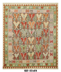 Killim Pastel Multicolor Area Rug – Folk Art Geometric Heart Motif Design – 5'2" x 6'4"