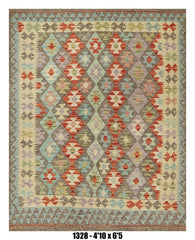 Killim Pastel Multicolor Area Rug – Geometric Tribal Diamond Design – 4'10" x 6'5" –