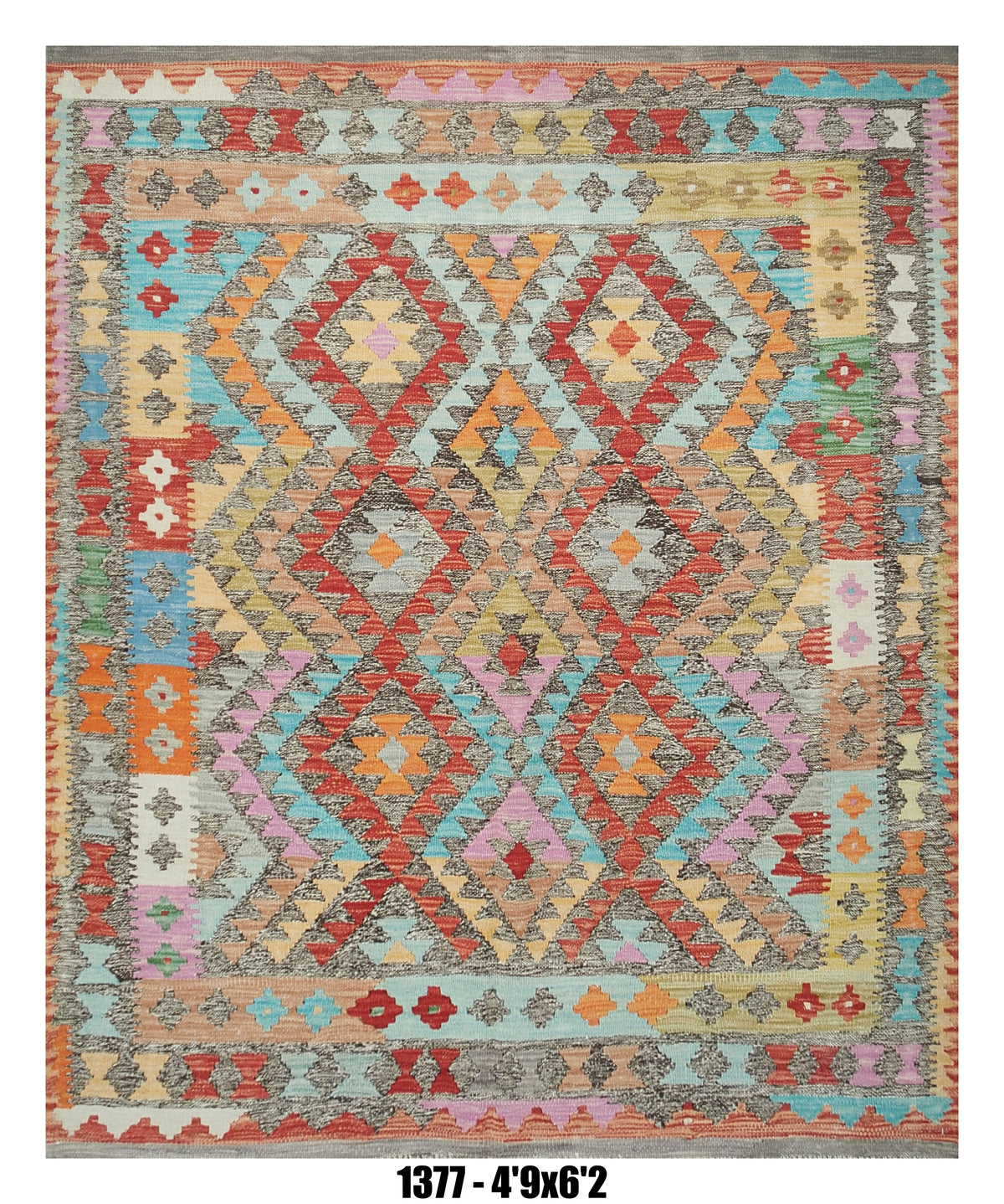 Killim Pastel Multicolor Area Rug – Geometric Tribal Medallion Design – 4'9" x 6'2" –