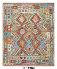 Killim Pastel Multicolor Area Rug – Geometric Tribal Medallion Design – 4'9" x 6'2" –