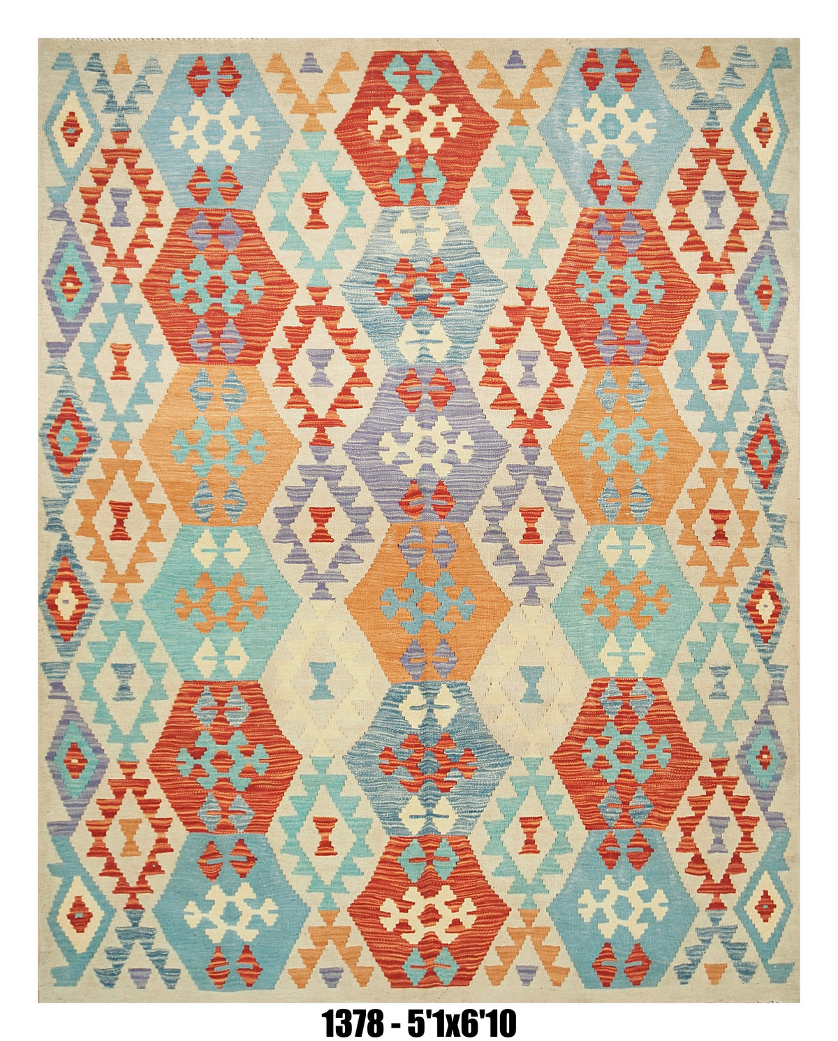 Killim Pastel Multicolor Area Rug – Geometric Tribal Medallion Design – 5'1" x 6'10" –
