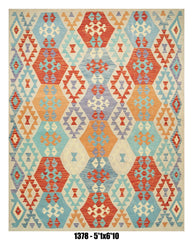 Killim Pastel Multicolor Area Rug – Geometric Tribal Medallion Design – 5'1" x 6'10" –