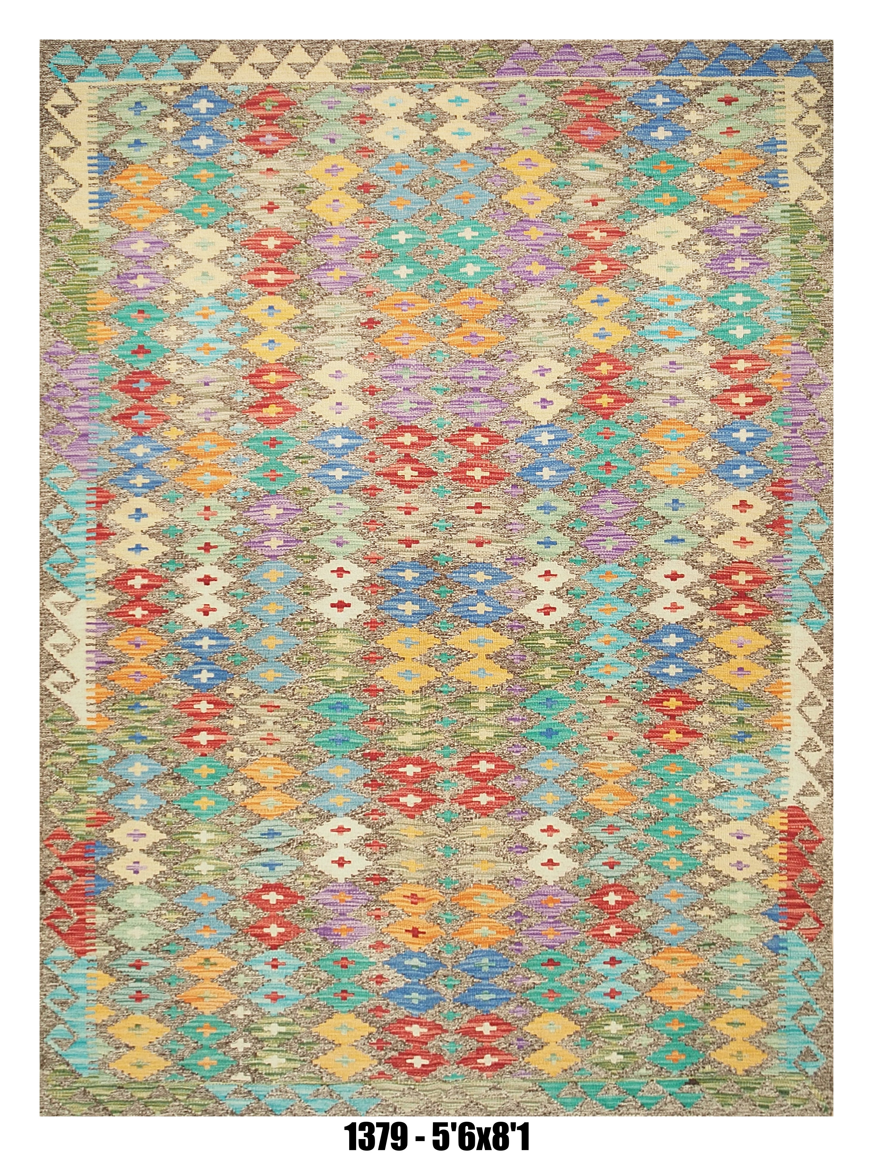 Killim Pastel Multicolor Area Rug – Geometric Stripe Diamond Design – 5'6" x 8'1"