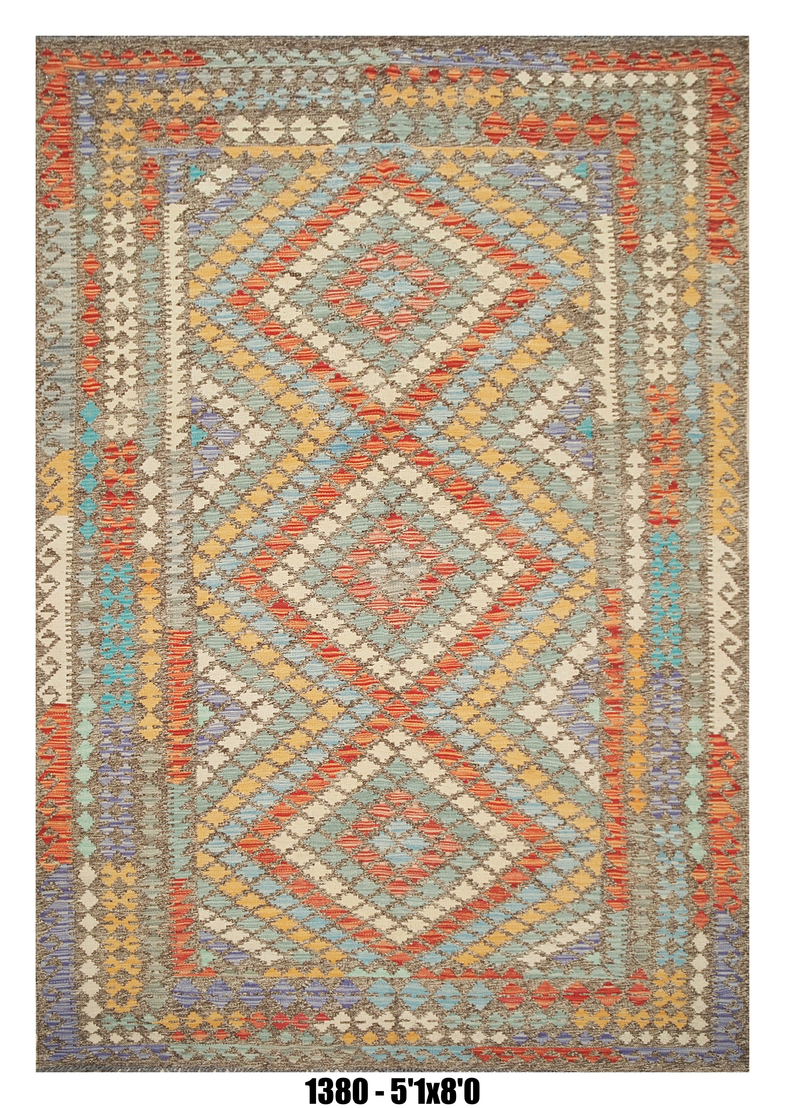 Killim Pastel Multicolor Area Rug – Geometric Tribal Diamond Design – 5'1" x 8'0"