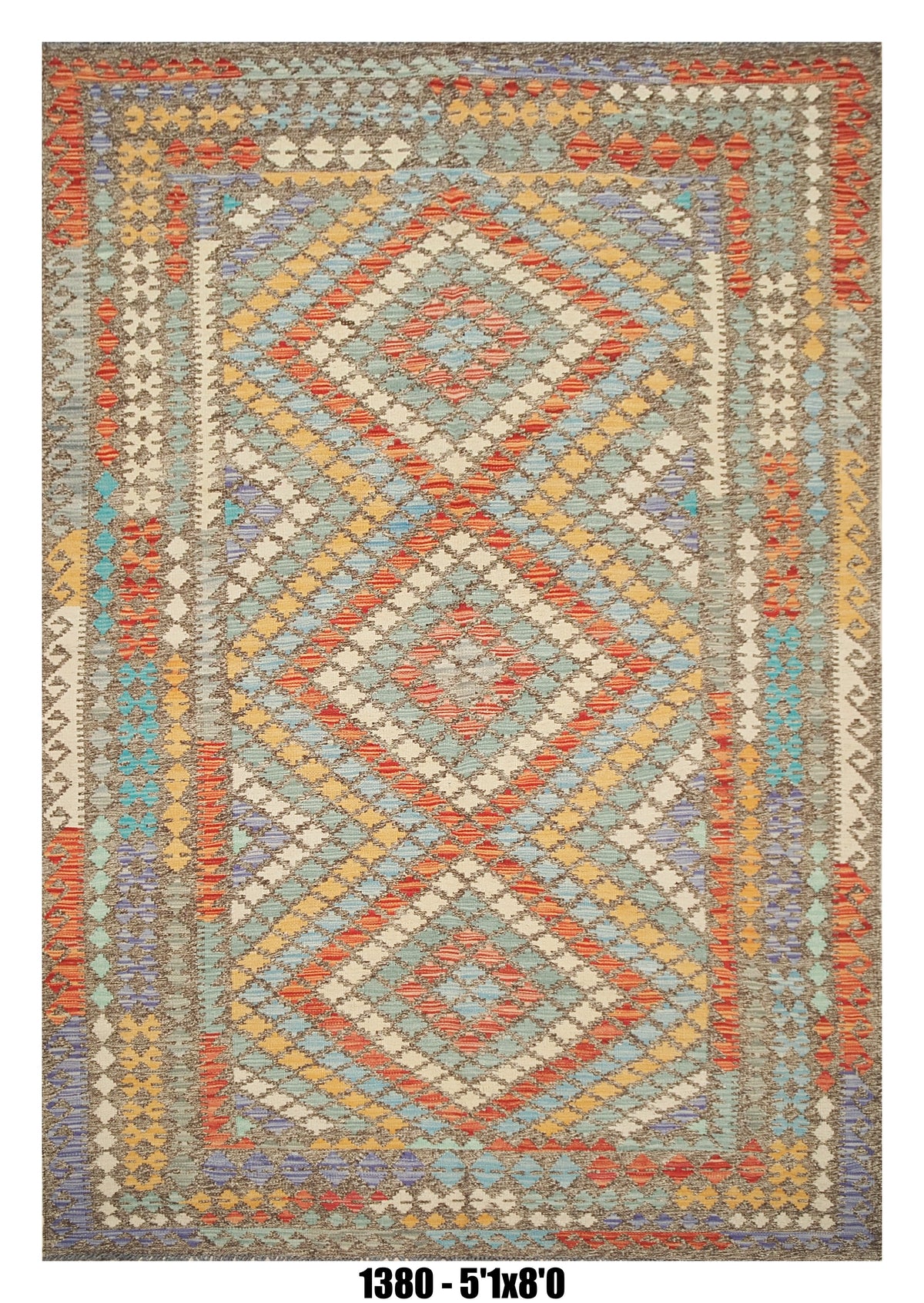 Killim Pastel Multicolor Area Rug – Geometric Tribal Diamond Design – 5'1" x 8'0"