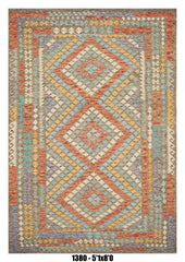 Killim Pastel Multicolor Area Rug – Geometric Tribal Diamond Design – 5'1" x 8'0"