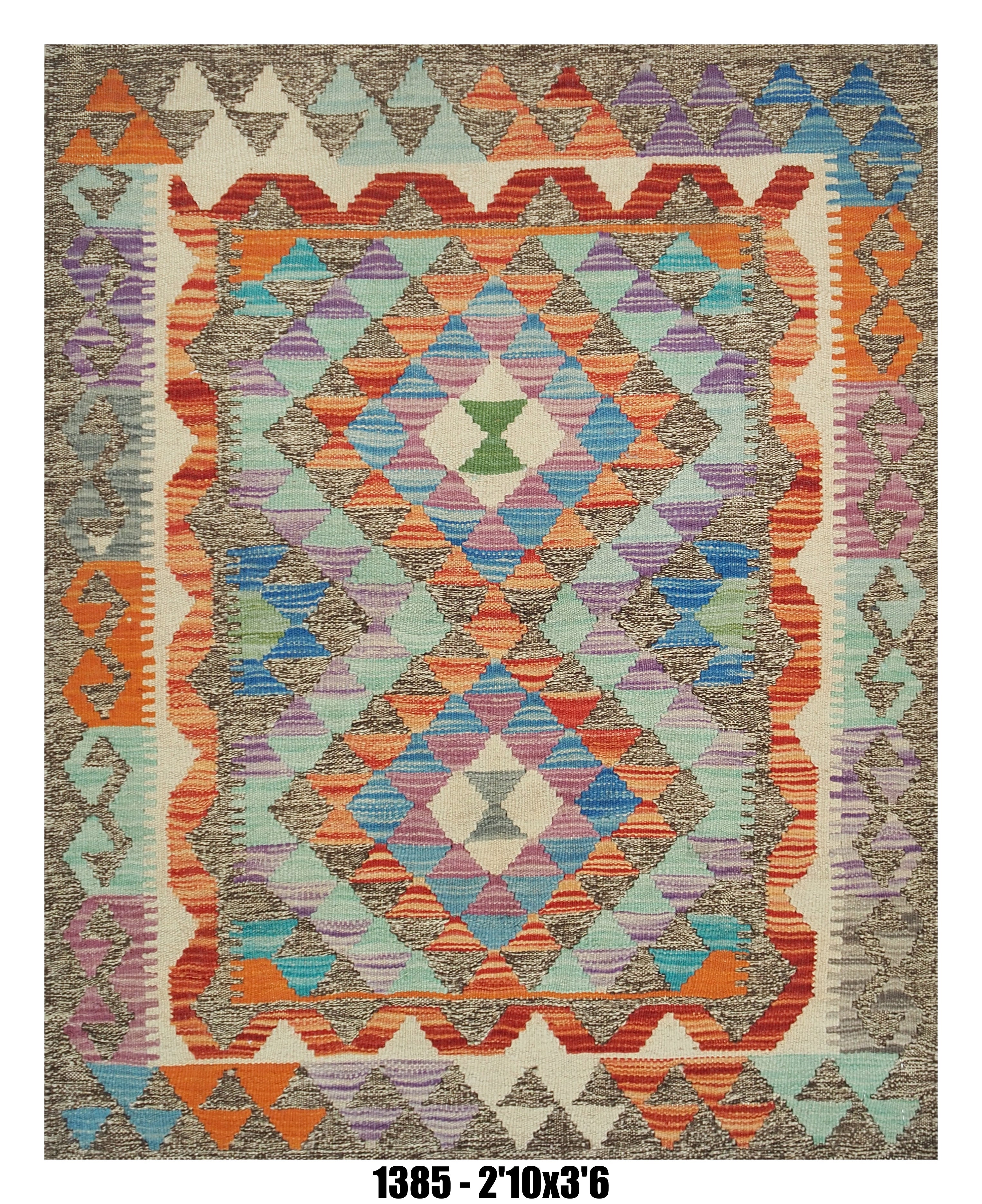 Killim Multicolor Geometric Accent Rug – Tribal Mosaic Diamond Design | 2'10" x 3'6"