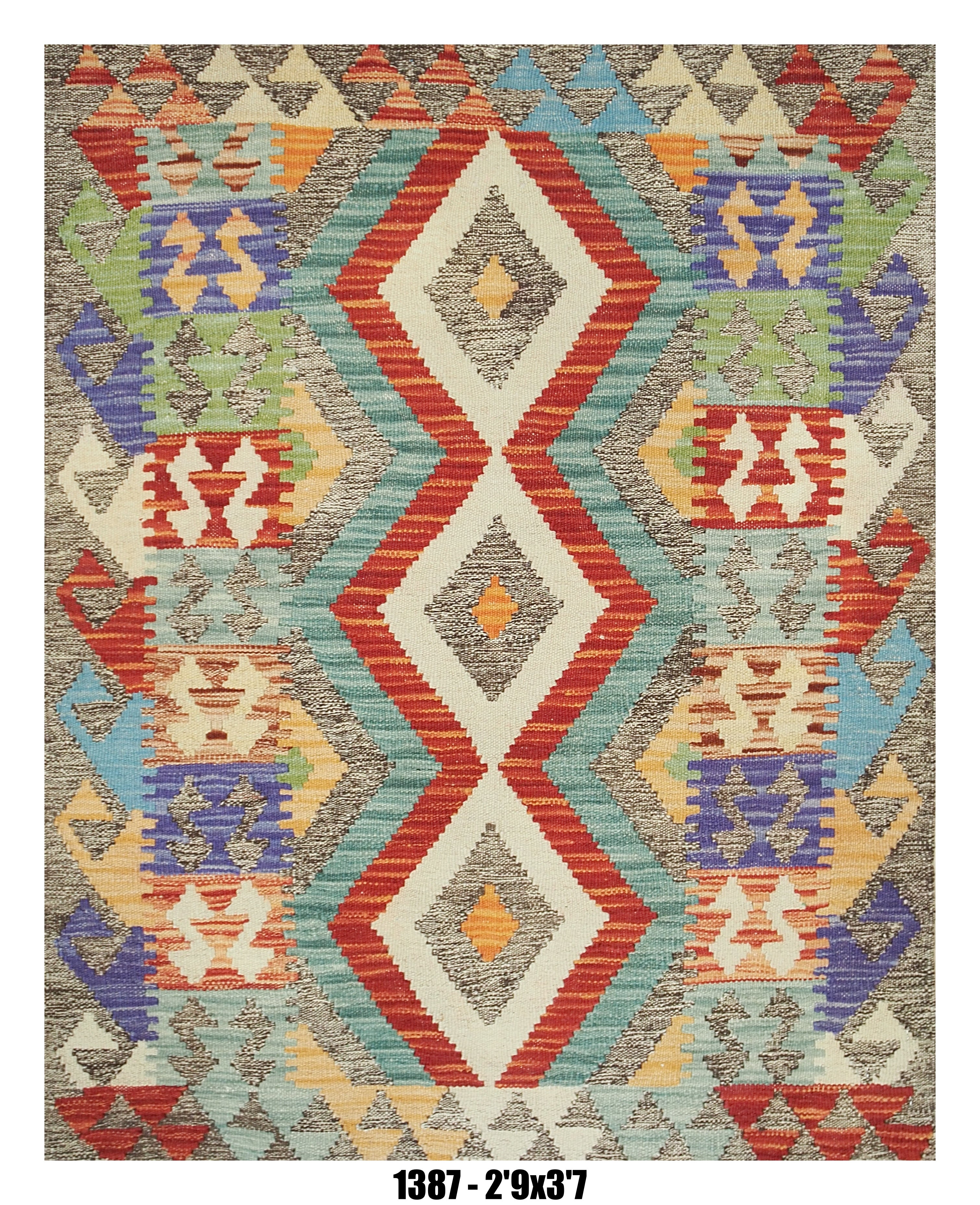 Killim Multicolor Geometric Accent Rug – Tribal Diamond Pattern – 2'9" x 3'7" – SKU#1387