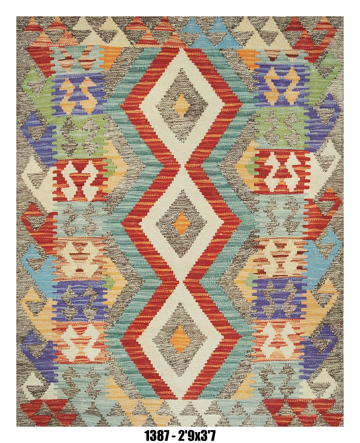 Killim Multicolor Geometric Accent Rug – Tribal Diamond Pattern – 2'9" x 3'7" – SKU#1387