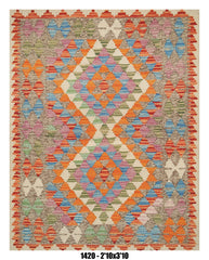 Killim Pastel Multicolor Geometric Accent Rug – Tribal Diamond Design | 2'10" x 3'10"