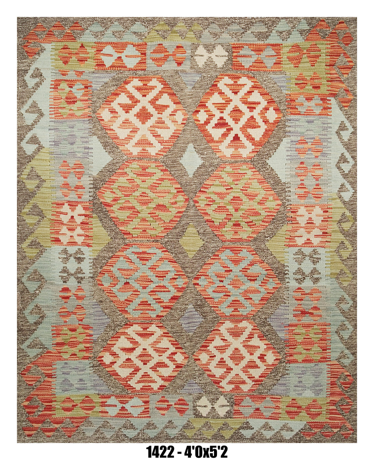 Killim Pastel Multicolor Area Rug – Geometric Tribal Medallion Design 4'0" x 5'2"