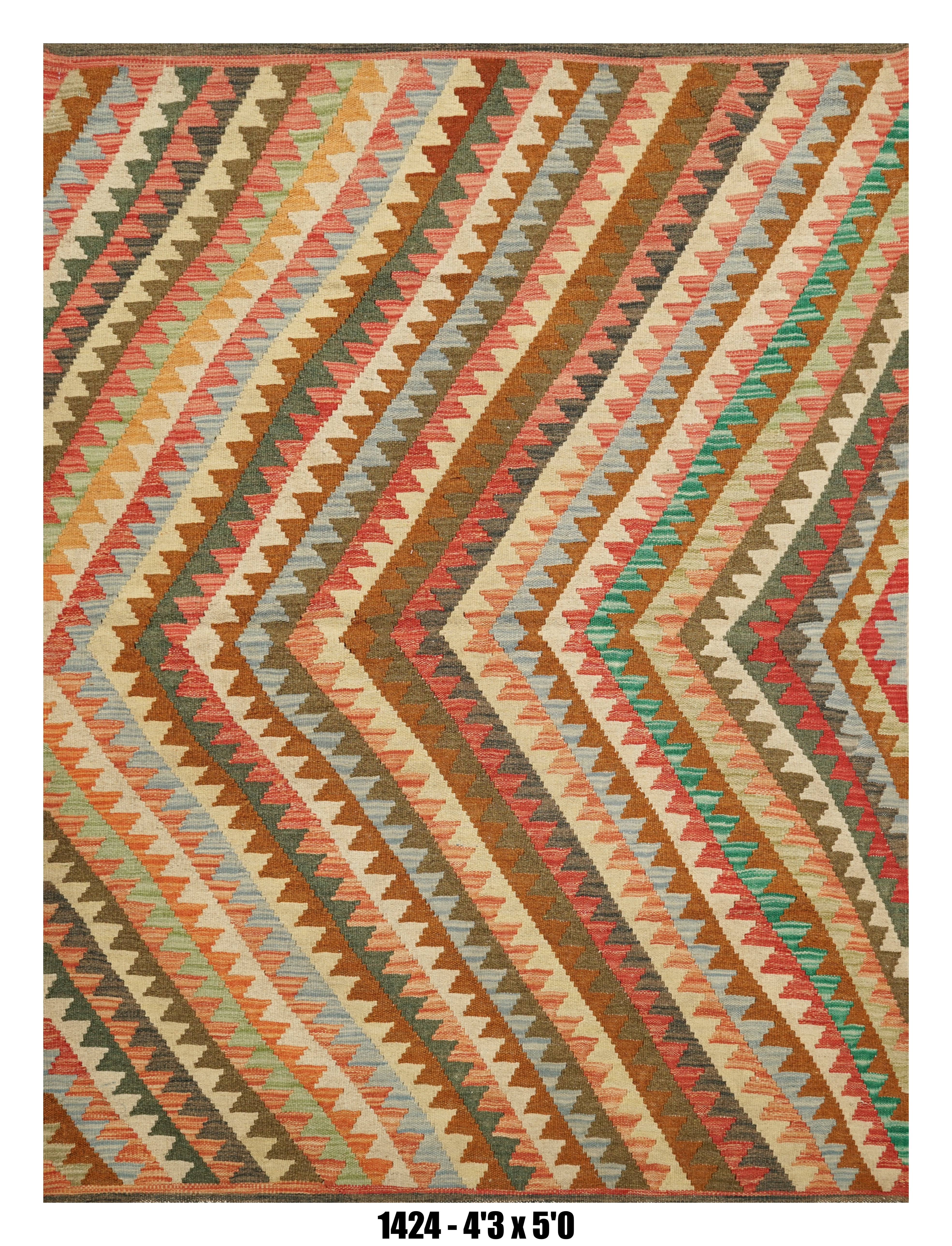 Killim Multicolor Chevron Area Rug – Geometric Striped Pattern | 4'3" x 5'9"