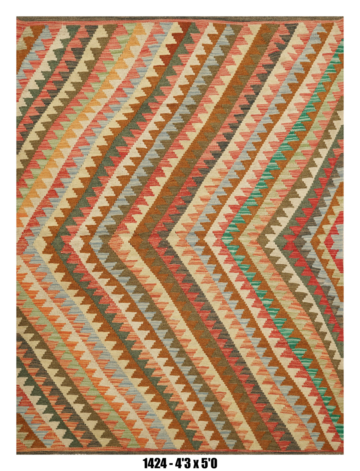 Killim Multicolor Chevron Area Rug – Geometric Striped Pattern | 4'3" x 5'9"
