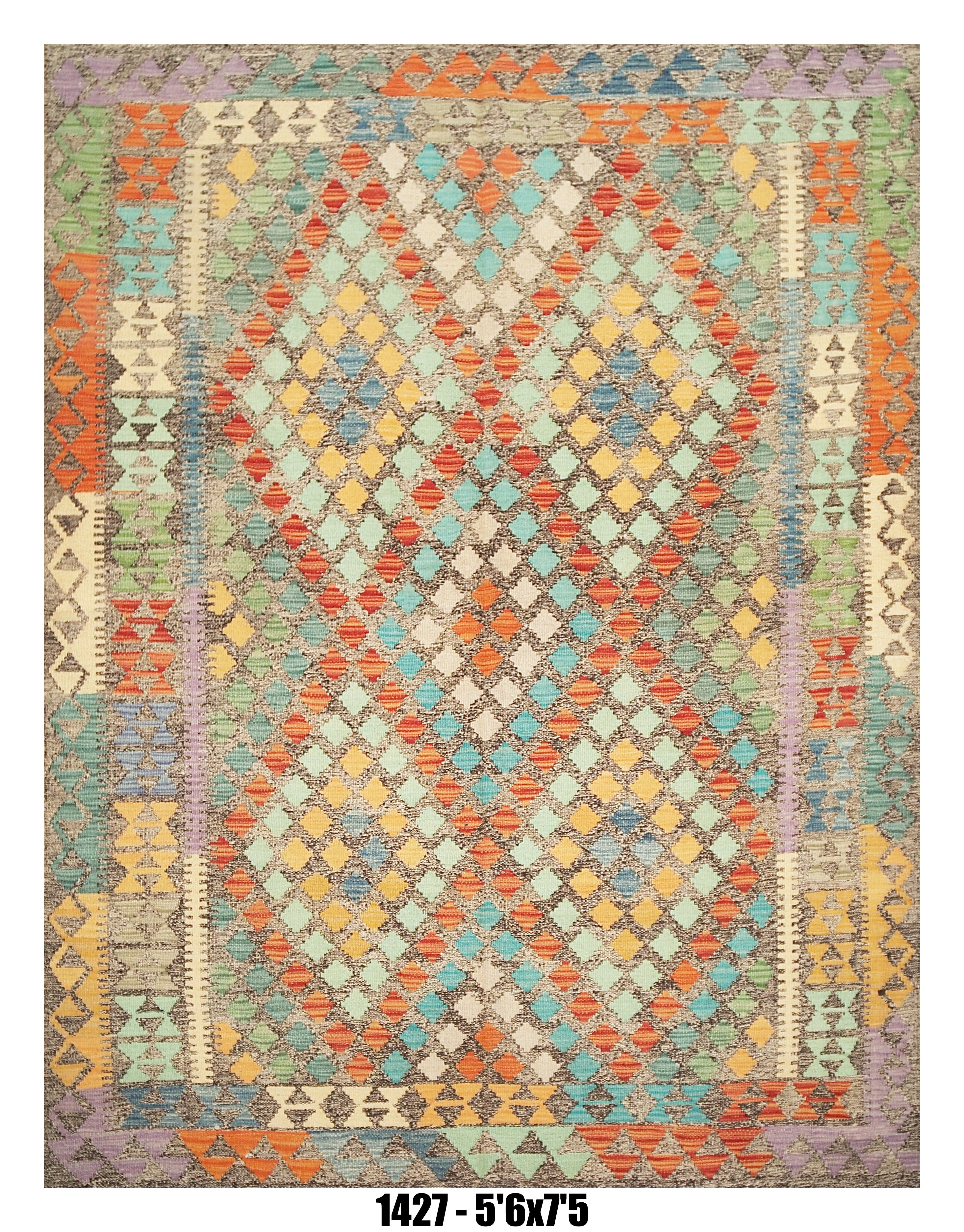 Killim Pastel Multicolor Area Rug – Geometric Diamond Stripe Design – 5'6" x 7'5"