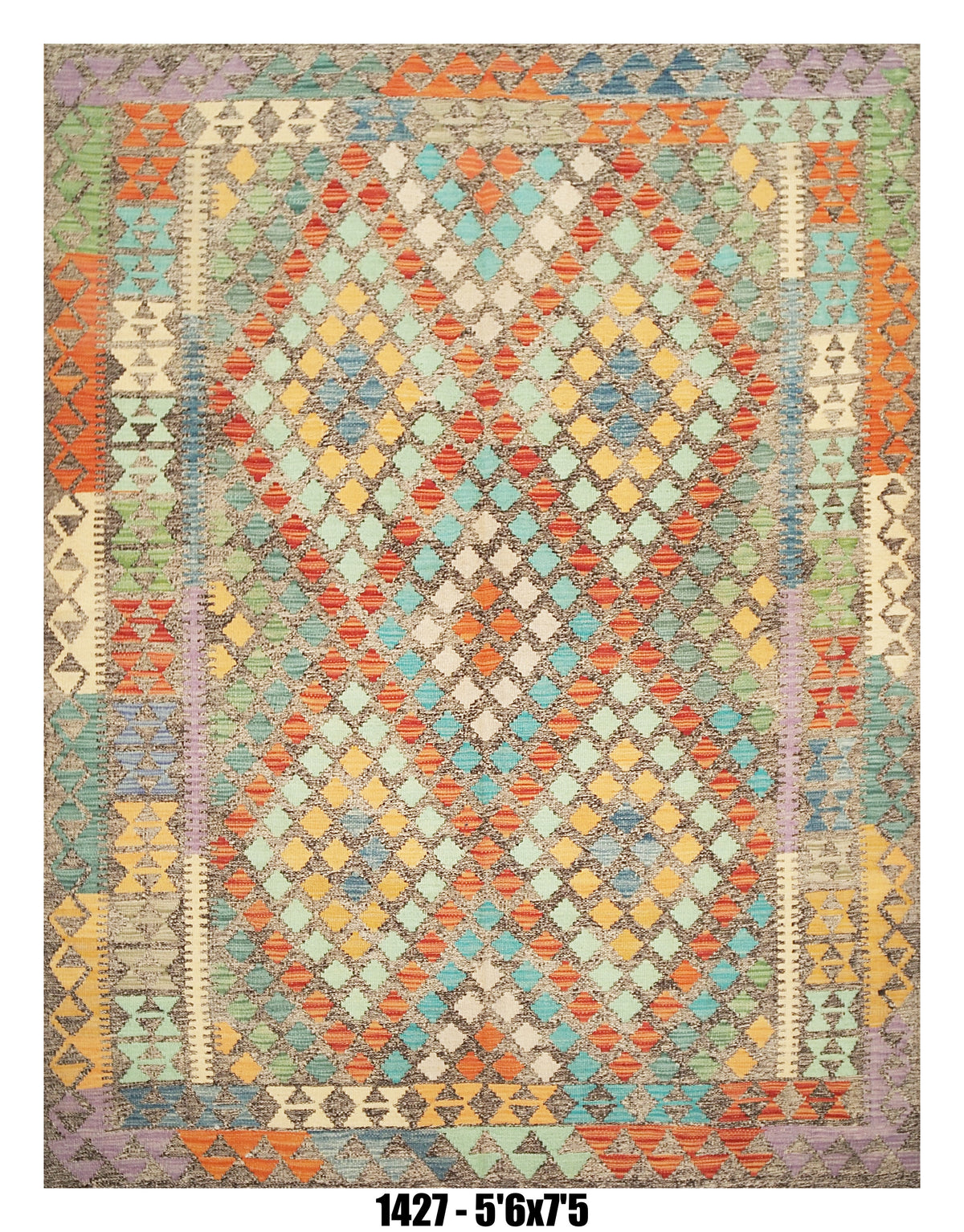 Killim Pastel Multicolor Area Rug – Geometric Diamond Stripe Design – 5'6" x 7'5"