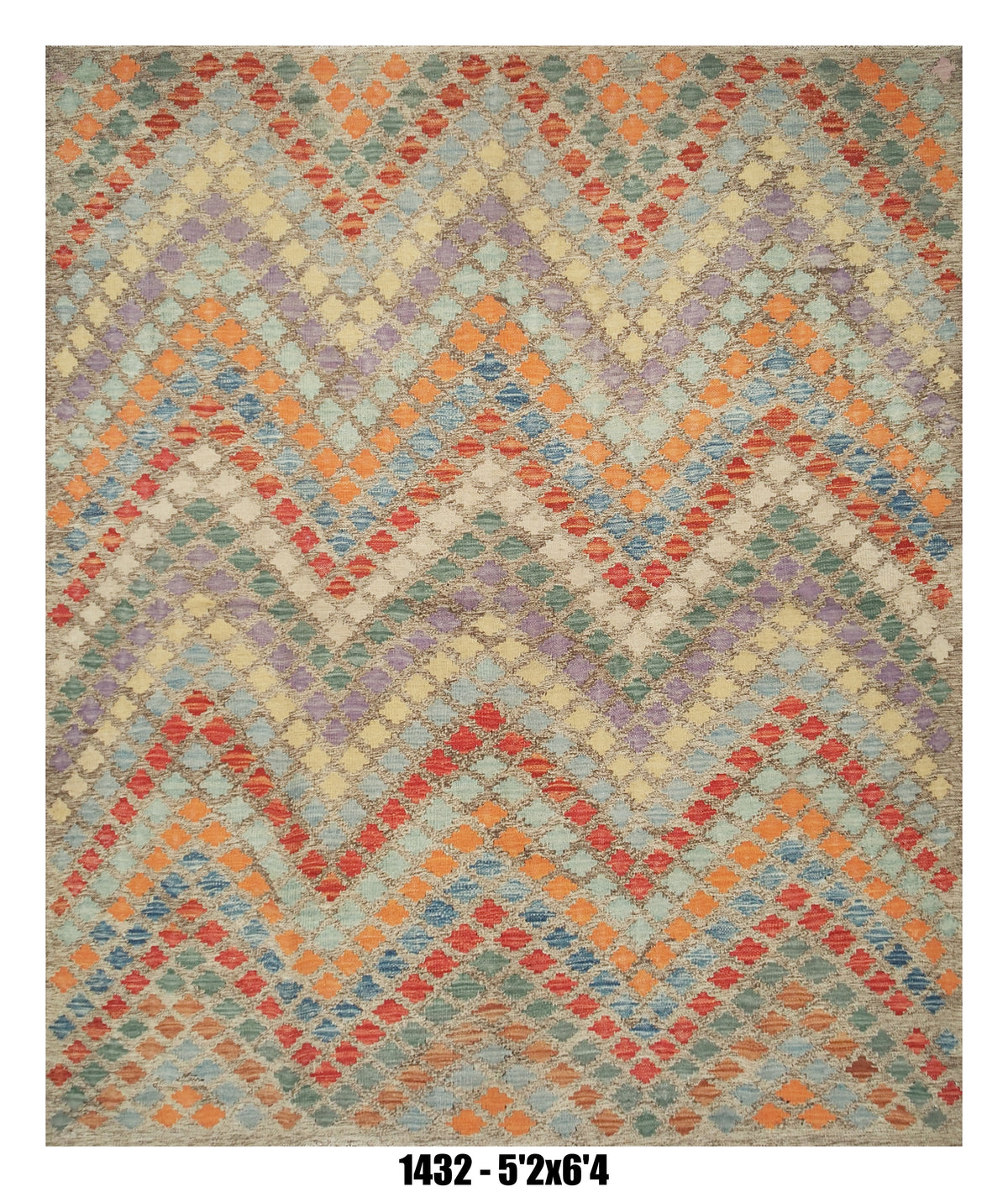 Killim Pastel Multicolor Area Rug – Geometric Diamond Stripe Design – 5'2" x 6'4" –