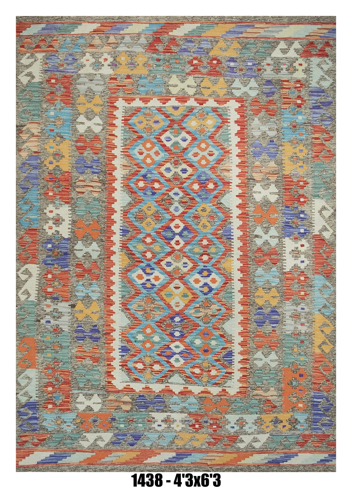 Killim Multicolor Tribal Area Rug – Geometric Diamond Panel Design | 4'3" x 6'3"