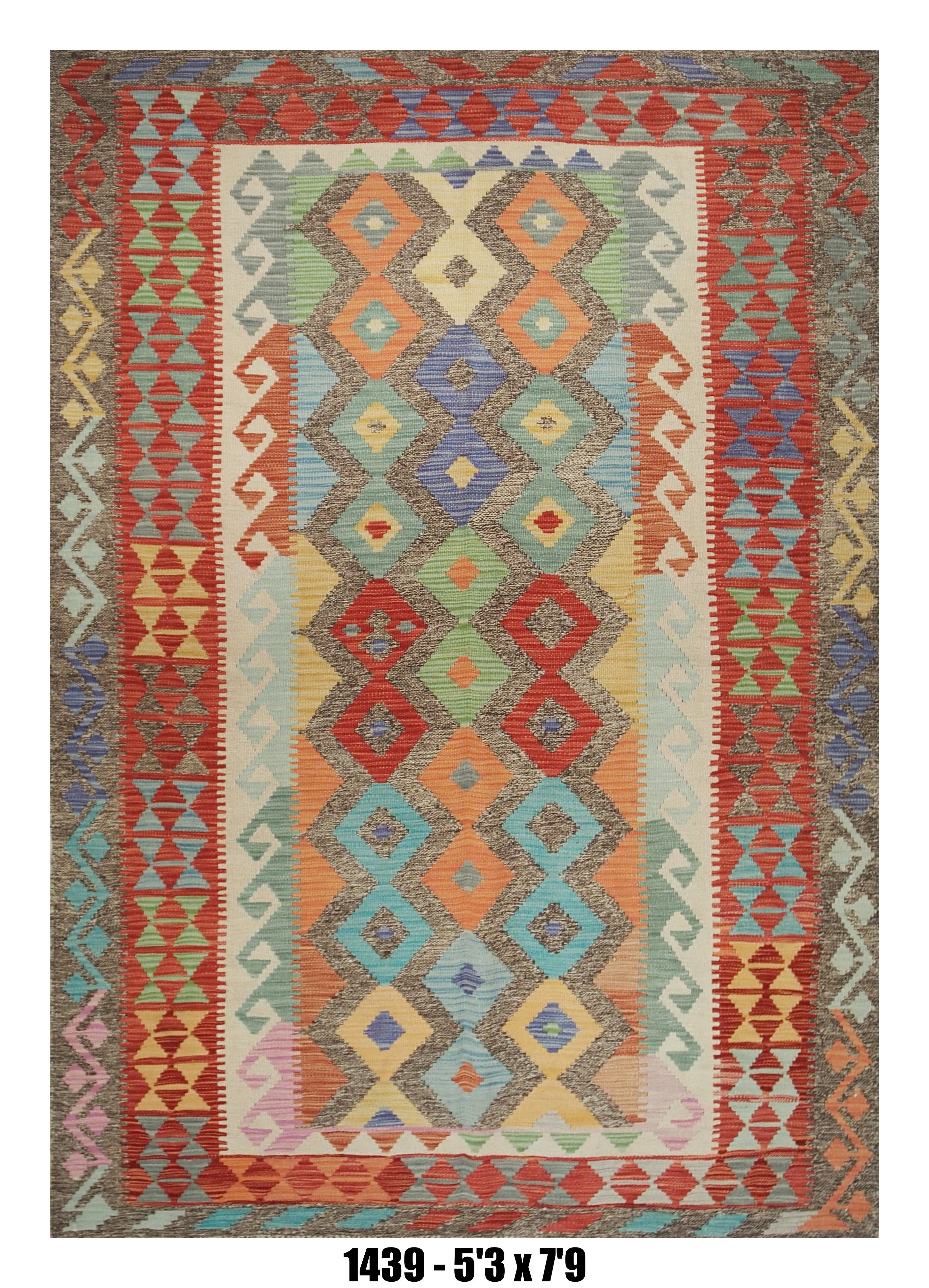 Killim Multicolor Area Rug – Geometric Tribal Diamond Design – 5'3" x 7'9"