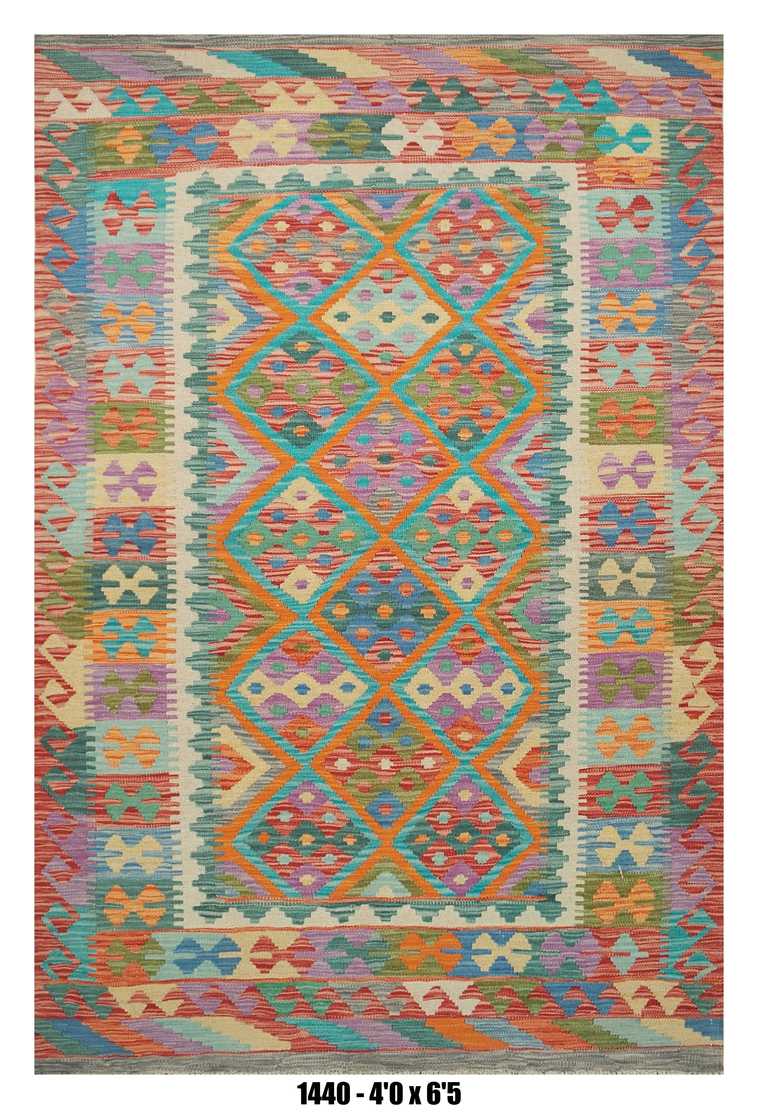 Killim Pastel Multicolor Area Rug – Geometric Diamond Panel Design – 4'0" x 6'5" –