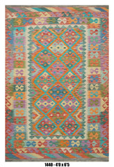 Killim Pastel Multicolor Area Rug – Geometric Diamond Panel Design – 4'0" x 6'5" –