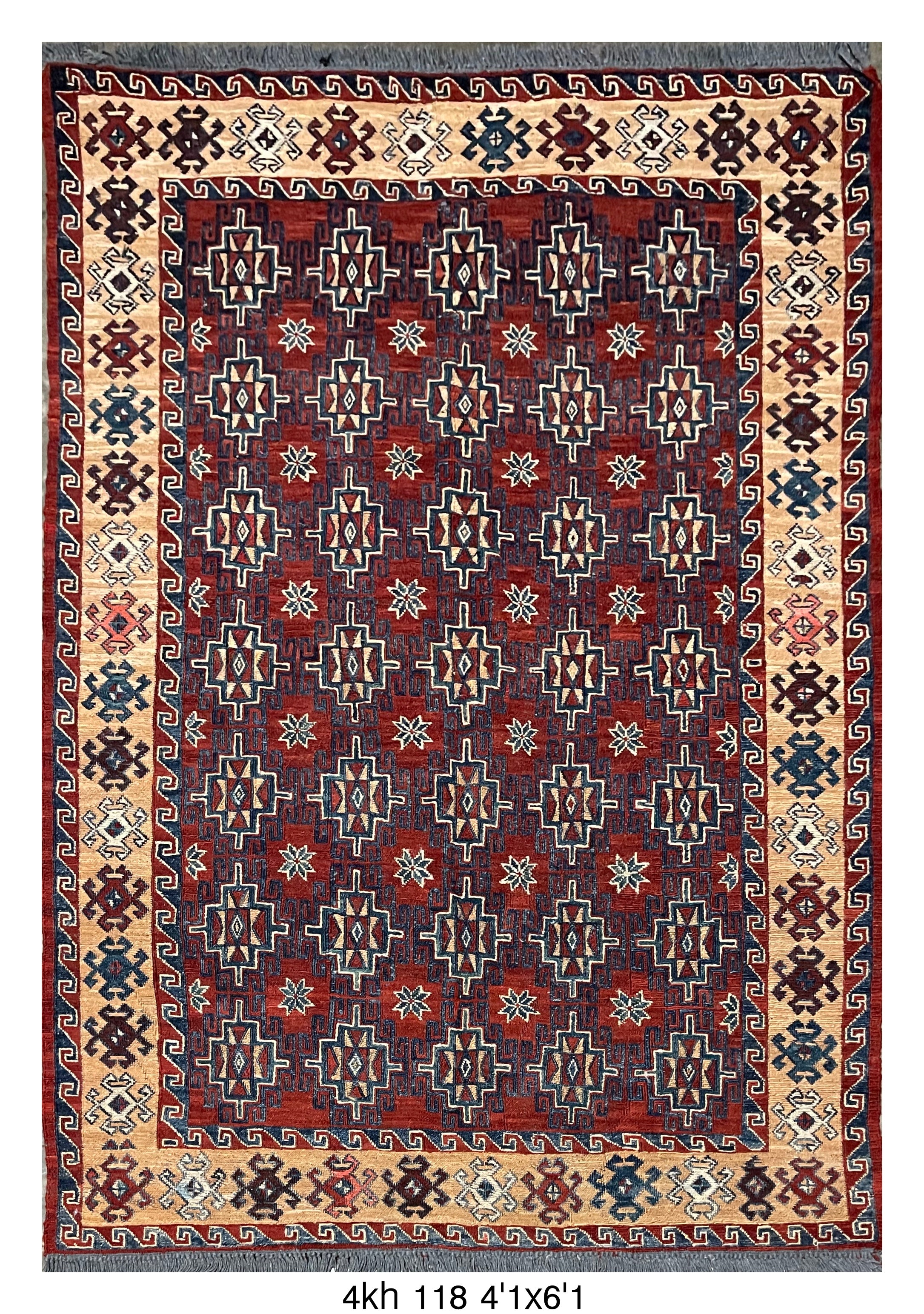 Killim Red Tribal Area Rug – Geometric Medallion Border Design | 4'1" x 6'1"