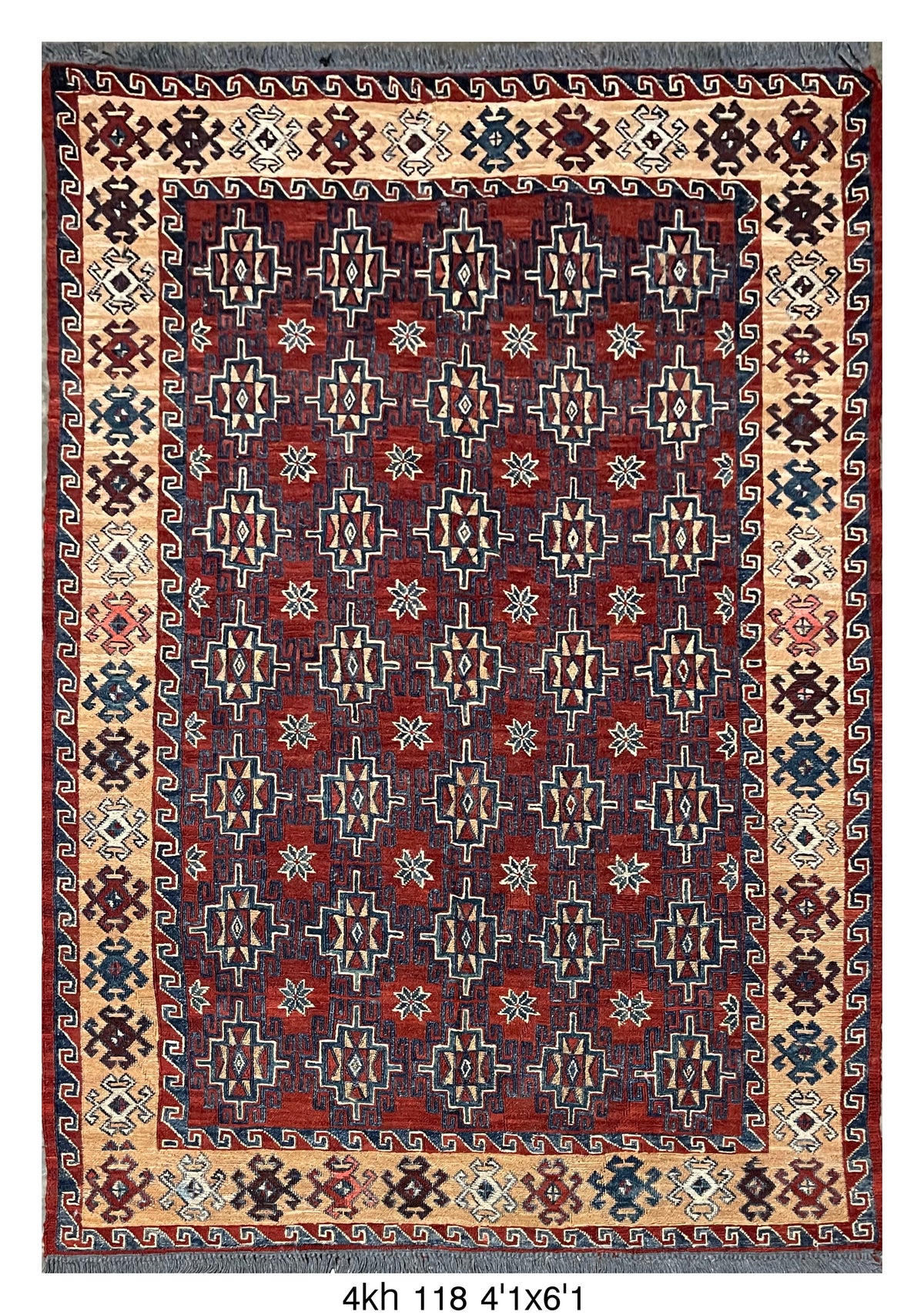 Killim Red Tribal Area Rug – Geometric Medallion Border Design | 4'1" x 6'1"
