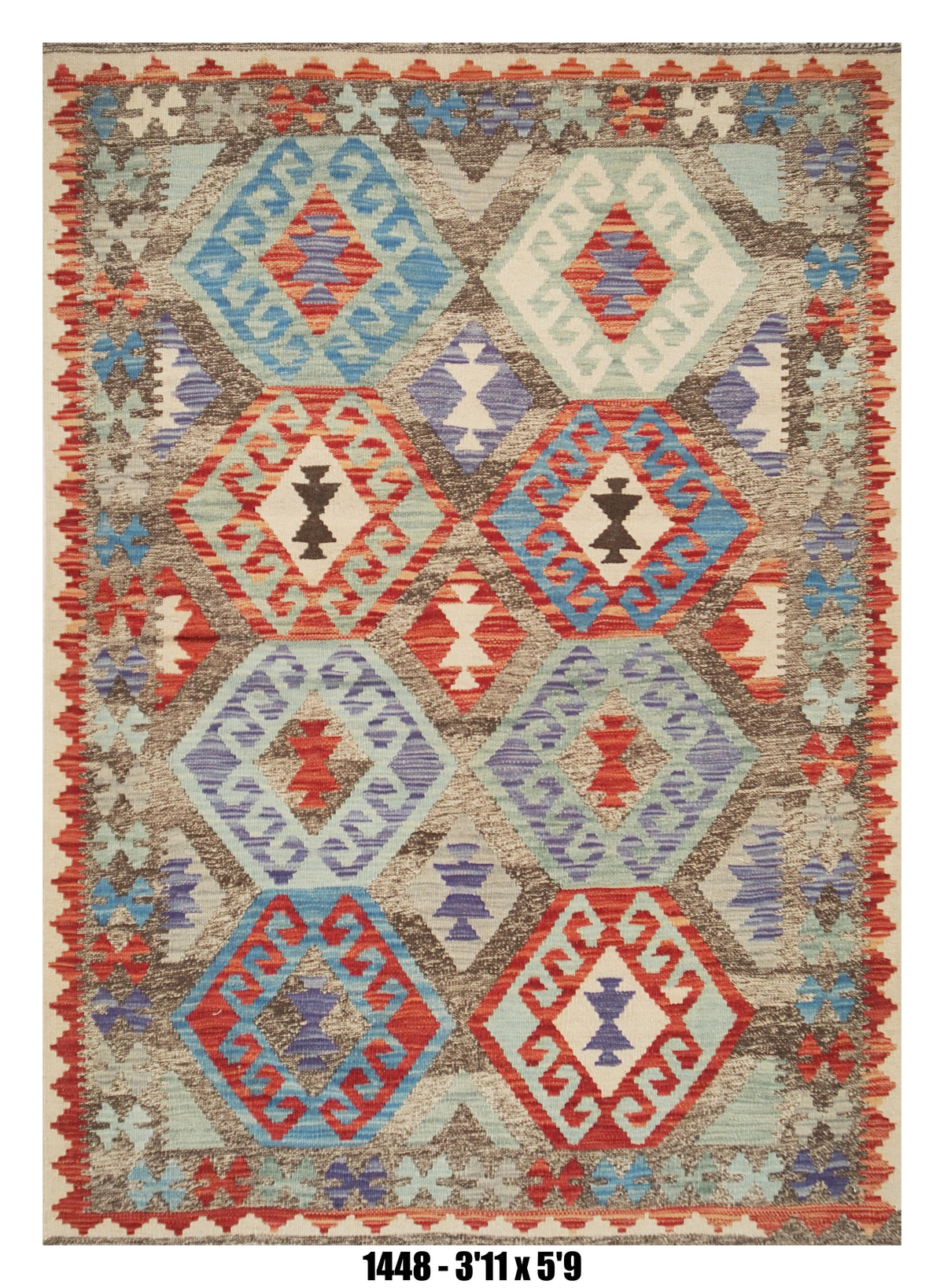Killim Pastel Multicolor Area Rug – Geometric Tribal Medallion Design – 3'11" x 5'9" –