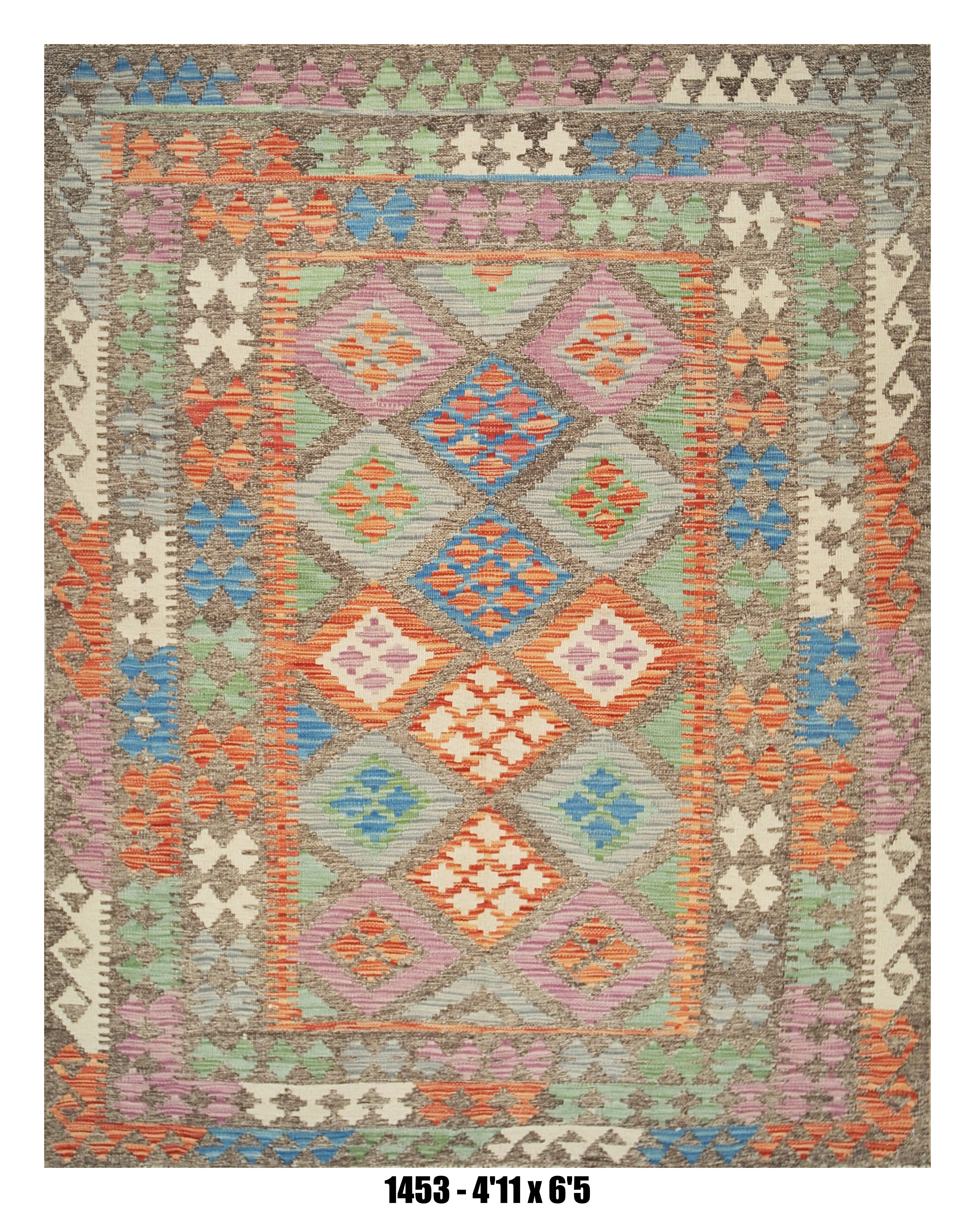 Killim Pastel Multicolor Area Rug – Geometric Tribal Medallion Design – 4'11" x 6'5"