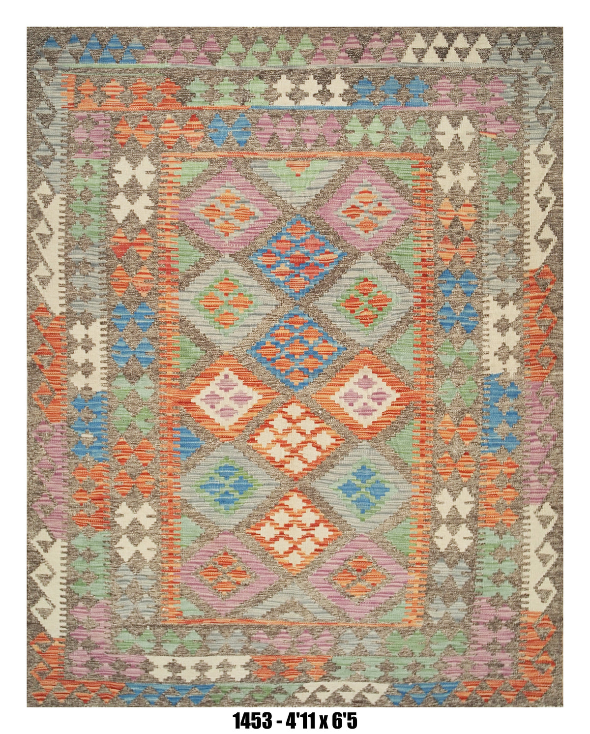 Killim Pastel Multicolor Area Rug – Geometric Tribal Medallion Design – 4'11" x 6'5"