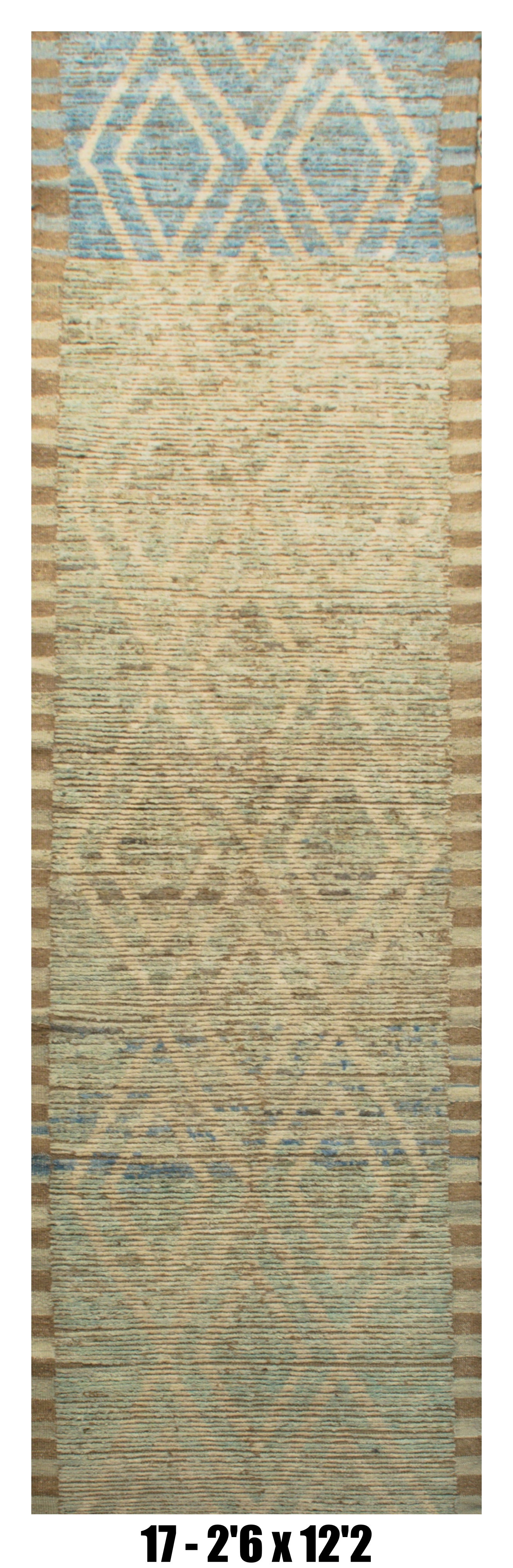 Moroccan Runner Rug 2'6" x 12'2" |  Ivory Blue Tribal Hallway Rug