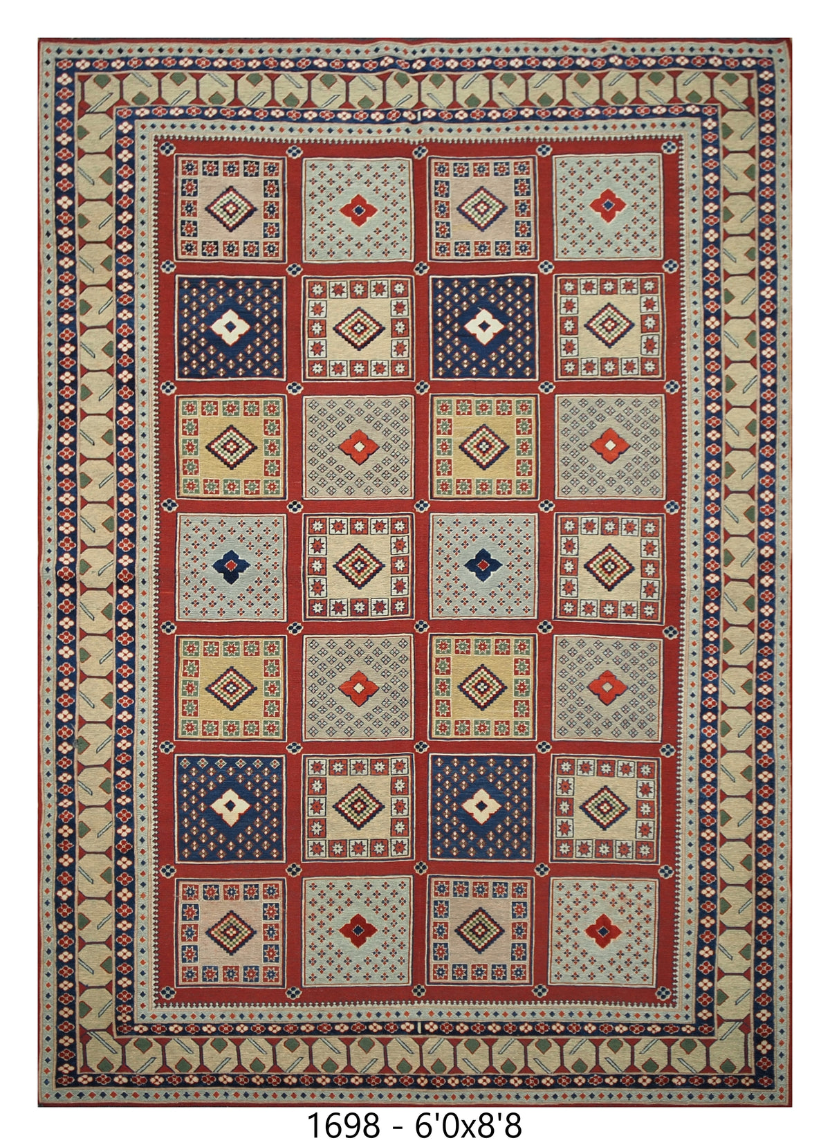 Traditional Ivory & Red Geometric Kilim Area Rug – 6'0" x 8'8" –